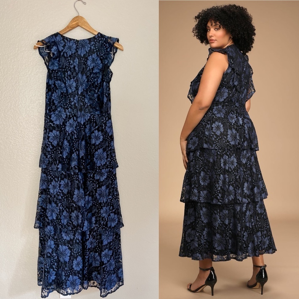 Molinetto Navy Blue Lace Ruffled Tiered Sleeveless Maxi Dress - Picture 3 of 9